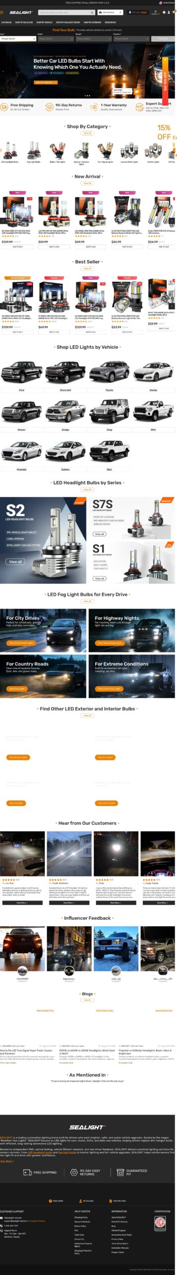 SEALIGHT LED store homepage showing bulb categories and the free US shipping banner